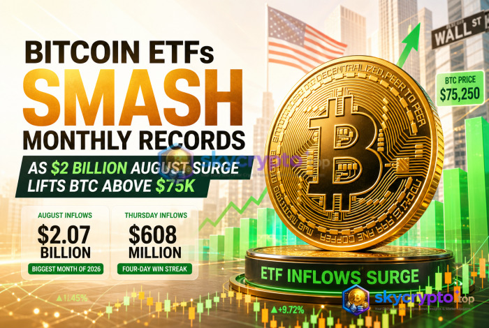 Bitcoin ETFs Smash Monthly Records as $2 Billion August Surge Lifts BTC Above $75K